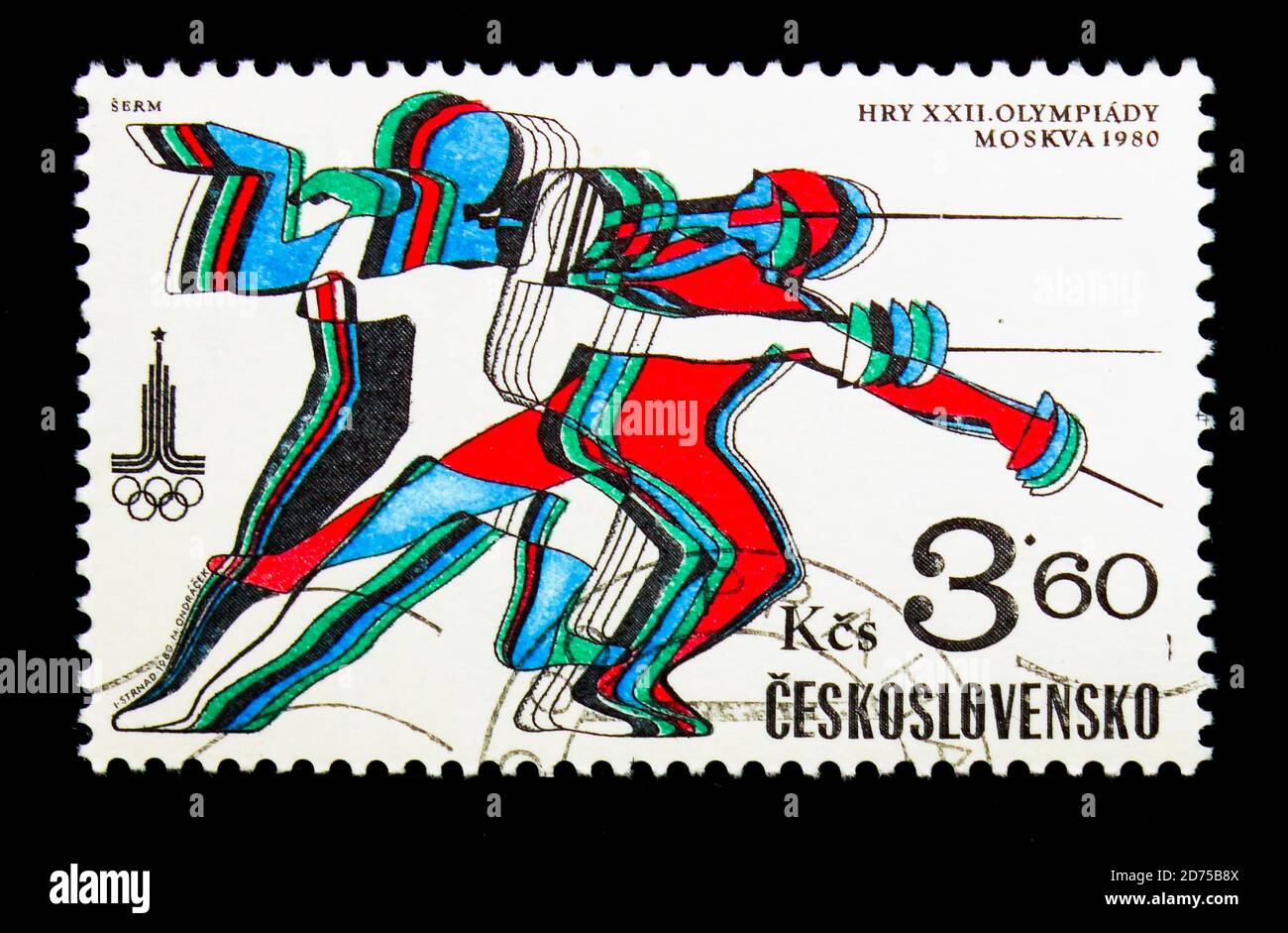 MOSCA, RUSSIA - 25 NOVEMBRE 2017: Un francobollo stampato in Cecoslovacchia mostra scherma, Giochi Olimpici 1980 - Mosca serie, circa 1980 Foto Stock