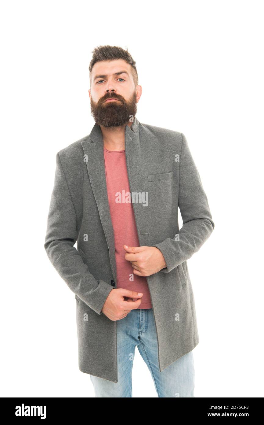 Preferisco lo stile casual. Outfit casual ed elegante. Abbigliamento da uomo  e concetto di moda. Giacca elegante alla moda Hipster con bearded. Uomo  indossa una giacca casual. Consultazione dello stilista. armadio maschio.