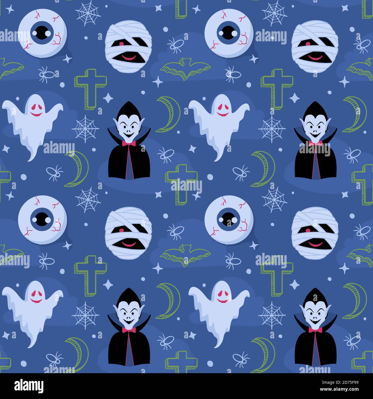 Modello senza cuciture con fantasmi spaventosi, vampiri e illustrazioni temute per Halloween Foto Stock