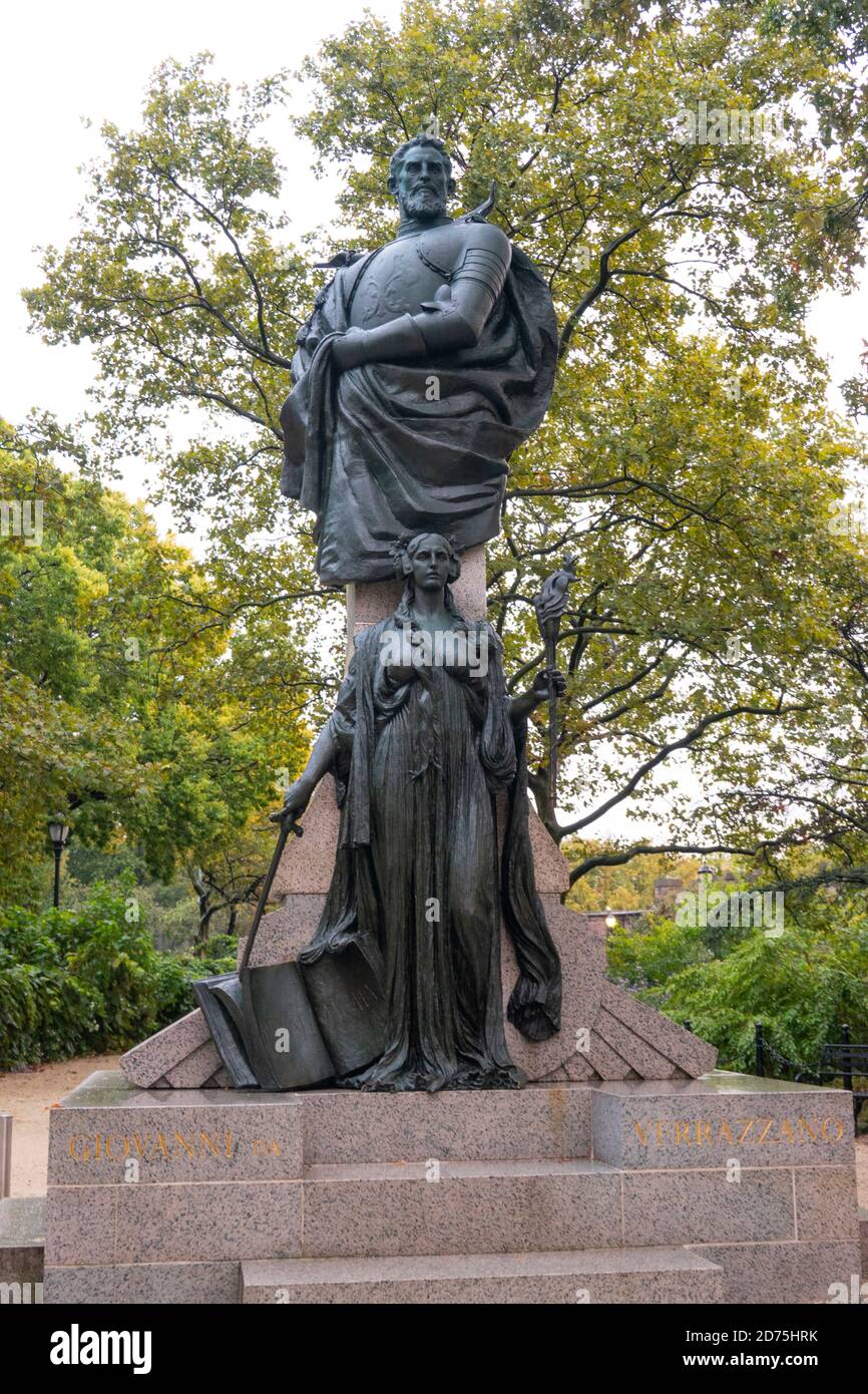 Statua di Giovanni da Verrazzano a Battery Park Manhattan New York Foto Stock