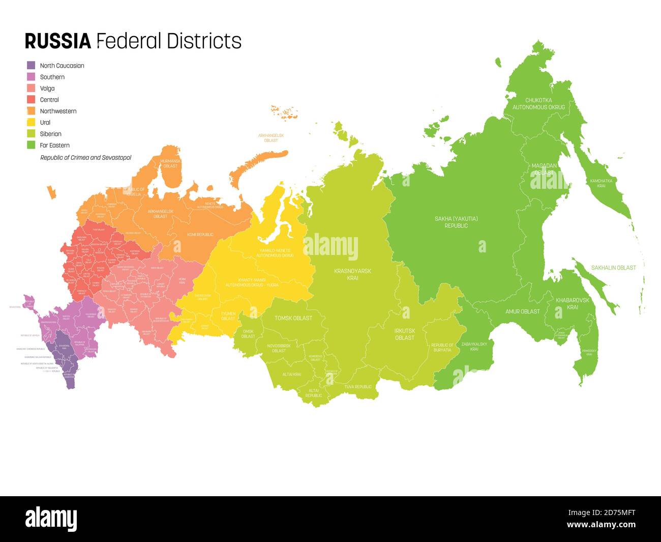 Mappa politica colorata della Russia, o Federazione russa. Argomenti federali - Repubbliche, razze, oblasti, città di rilevanza federale, oblasti autonomi e okrugs autonomi, divisi per colore in regioni. Semplice mappa vettoriale piatta con etichette. Illustrazione Vettoriale