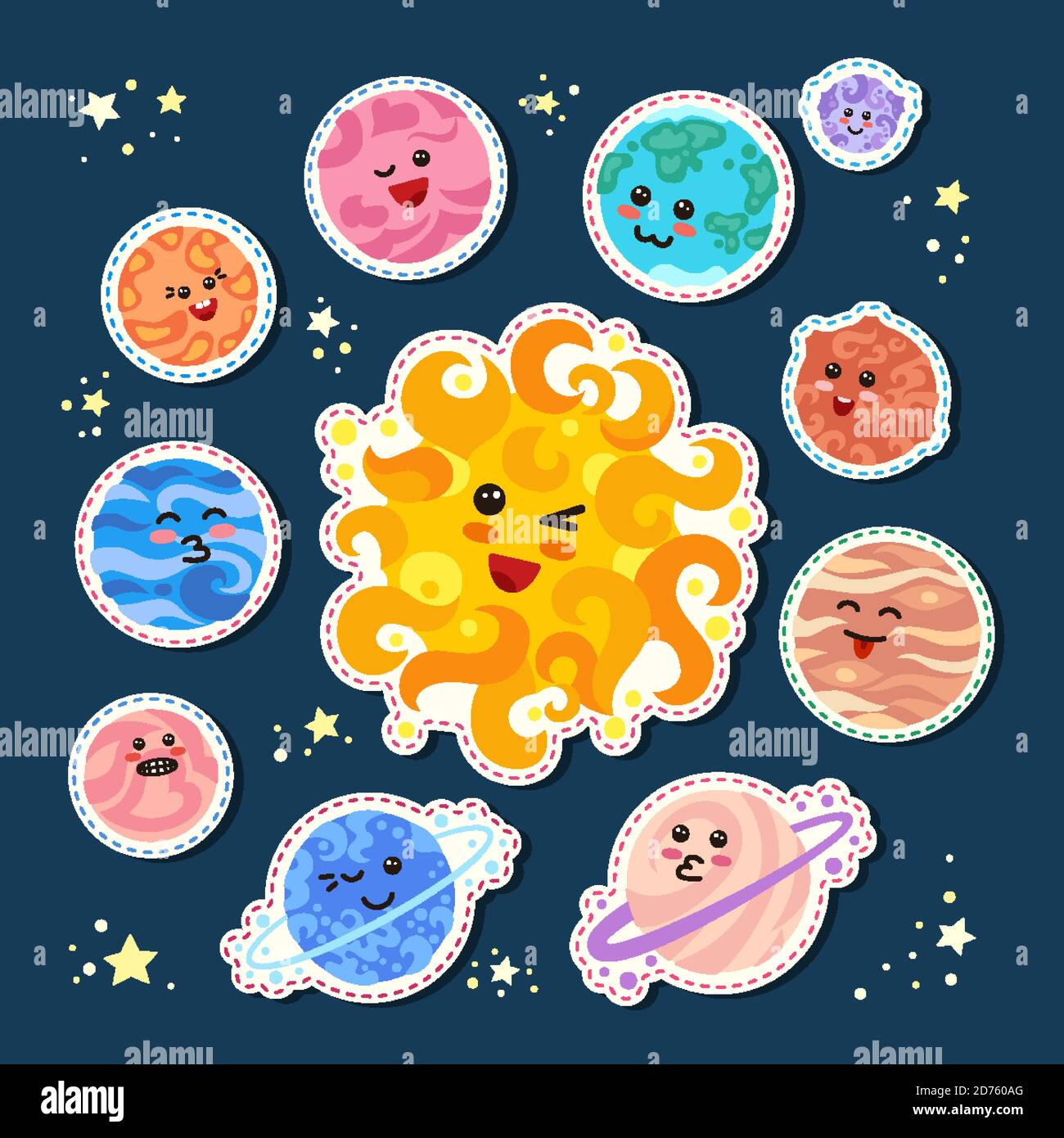 Pianeti di toppa di moda intorno al sole. Spazio con simpatico emoticon kawaii, cartoni animati volti. Nomi del sistema solare Cartoon. Osservatorio astronomico. Vettore sole luna mercurio venere terra Marte giove saturno nettun Illustrazione Vettoriale