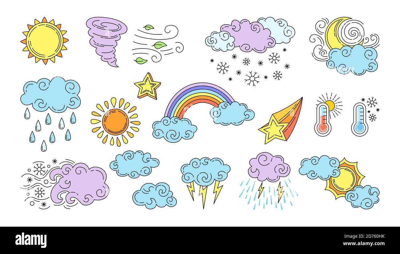 Set di cartoni animati meteo. Linea sole e nuvole, pioggia o neve, fulmini, luna e stella, arcobaleno. Simboli di contorno previsioni meteo. Raccolta piatta colorata vettoriale. Segni di infografia meteorologica Illustrazione Vettoriale