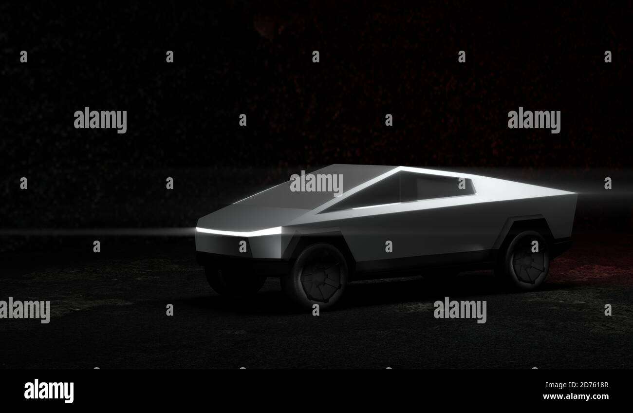 Un'illustrazione del futuristico veicolo Tesla CyberTruck alimentato a batteria. Foto Stock