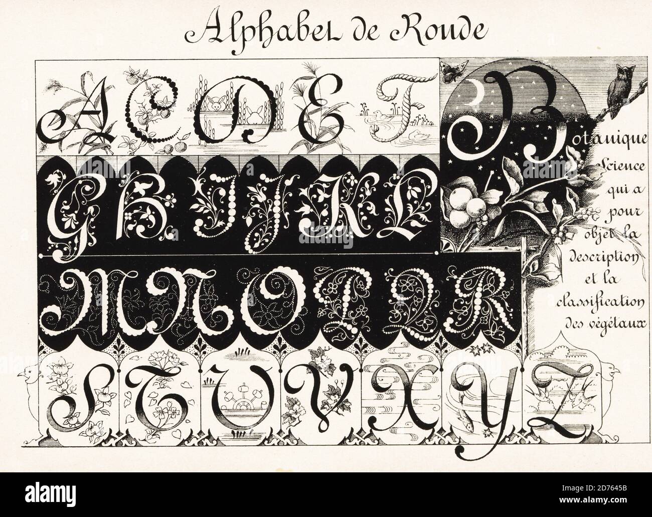 Lettere iniziali nella scritta Ronde (Round) decorata con ghirlande, perle e fogliame. Alfabeto di Ronde. Chromolithograph progettato e litografato da Ernst Guillot dalla sua Ornementation des Manuscrits au Moyen-Age (decorazione da manoscritti del Medioevo), Parigi, 1897. Foto Stock