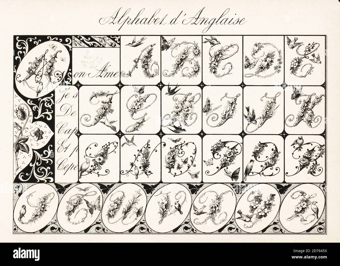 Alfabeto di lettere iniziali ornate decorate con ghirlande e uccelli provenienti dall'Inghilterra. Alfabeto d’Anglaise. Chromolithograph progettato e litografato da Ernst Guillot dalla sua Ornementation des Manuscrits au Moyen-Age (decorazione da manoscritti del Medioevo), Parigi, 1897. Foto Stock