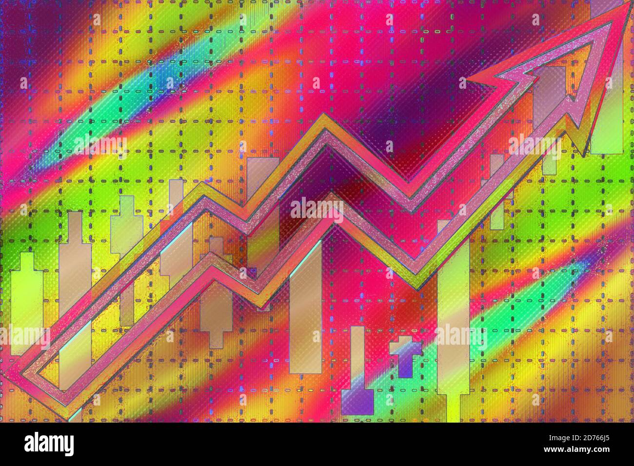Una freccia astratta multicolore al neon e un'immagine di sfondo del grafico a candelabro. Foto Stock