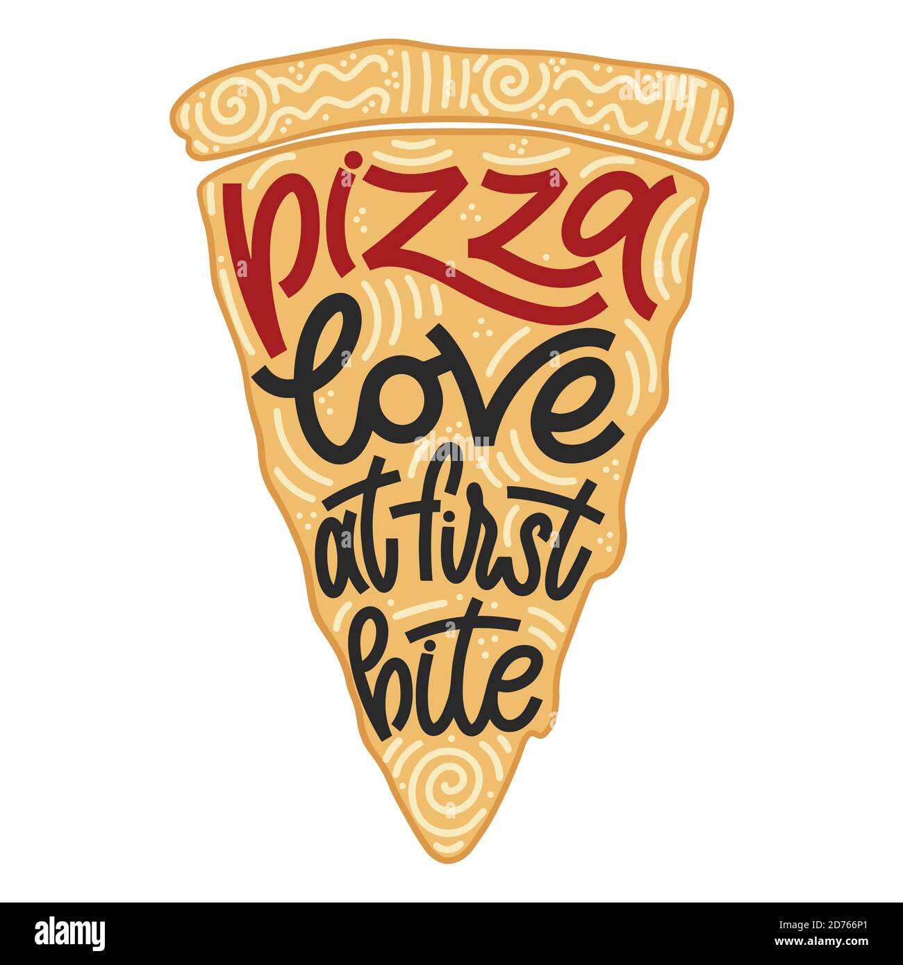 Citazione divertente sulla fetta di pizza. Pizza amore al primo boccone. Elementi vettoriali per t-shirt, borse, poster, carte, adesivi e menu Illustrazione Vettoriale