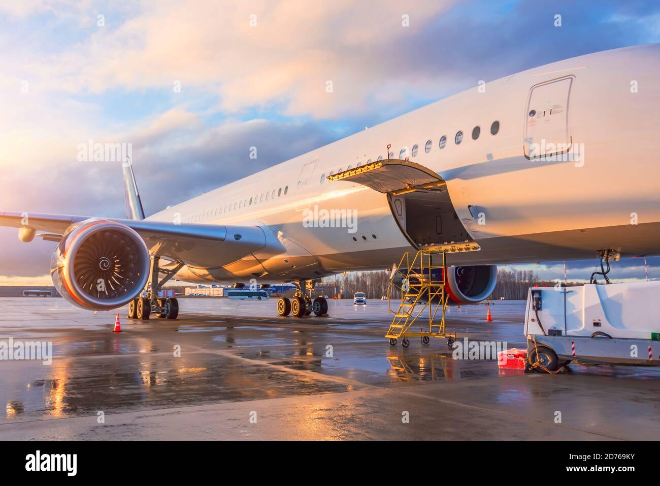 Aereo con bagagliaio aperto per passeggeri e ala e. viste del motore Foto Stock