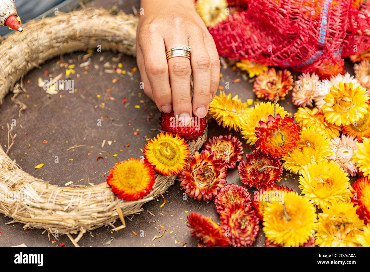 Fiorista al lavoro, fare corona d'autunno con la fragola Foto Stock