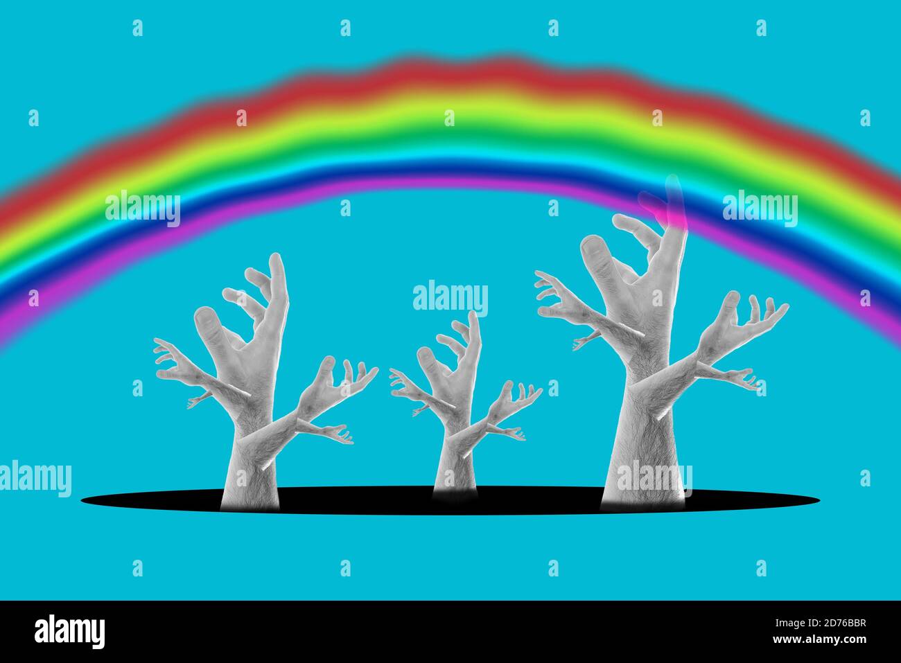 Collage di arte moderna mani in forma di alberi, una foresta di mani, su cui è visibile un arcobaleno. Sfondo blu. Foto Stock