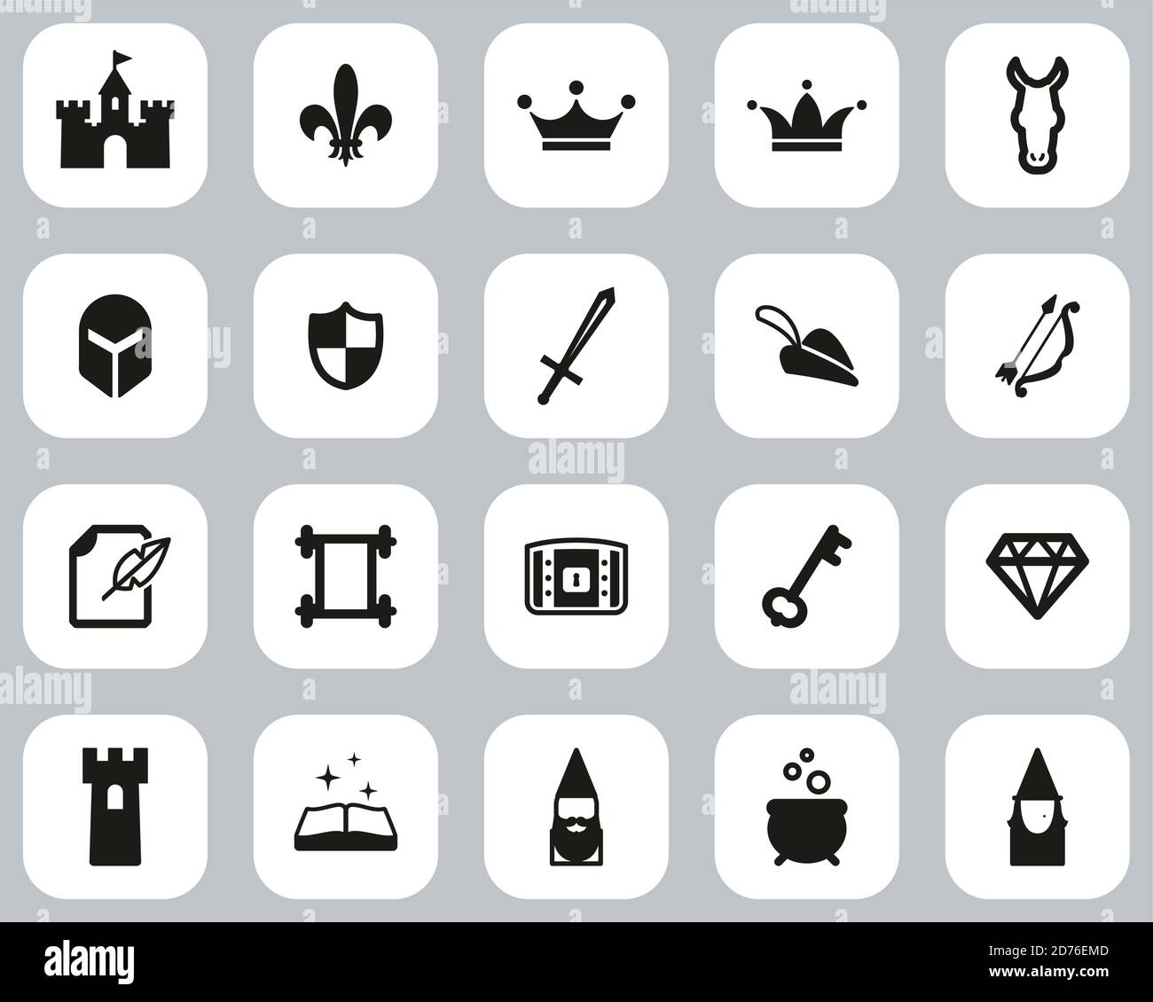 Fantasy o icone da favola Set di design piatto in bianco e nero grande Illustrazione Vettoriale