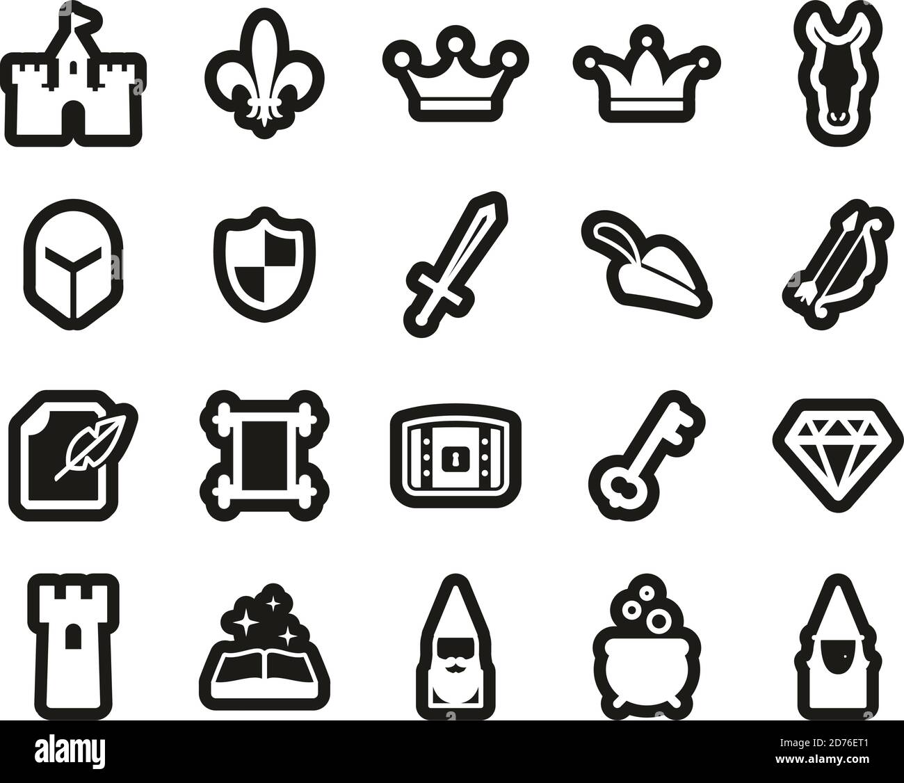 Fantasy o icone da fiaba Bianco su Black Sticker Set Big Illustrazione Vettoriale