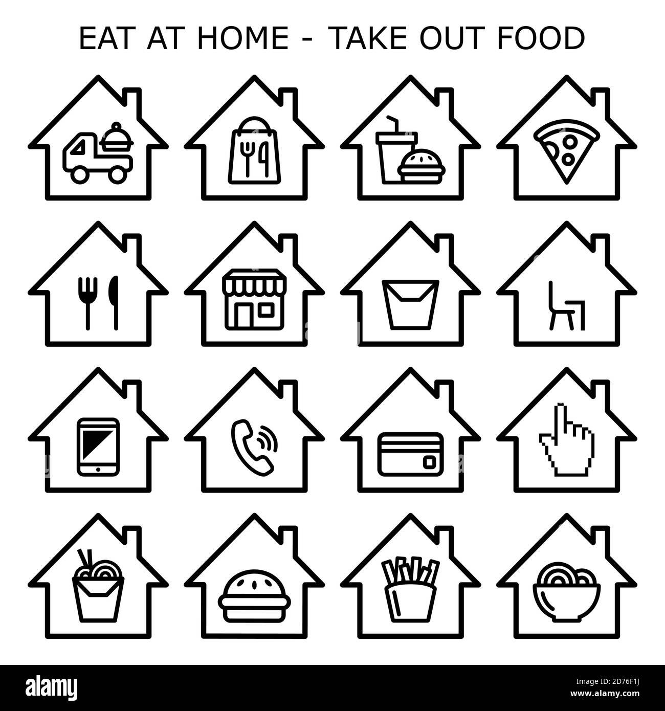 Take out cibo, take away vettore icone set - ordinare cibo online, mangiare a casa Illustrazione Vettoriale