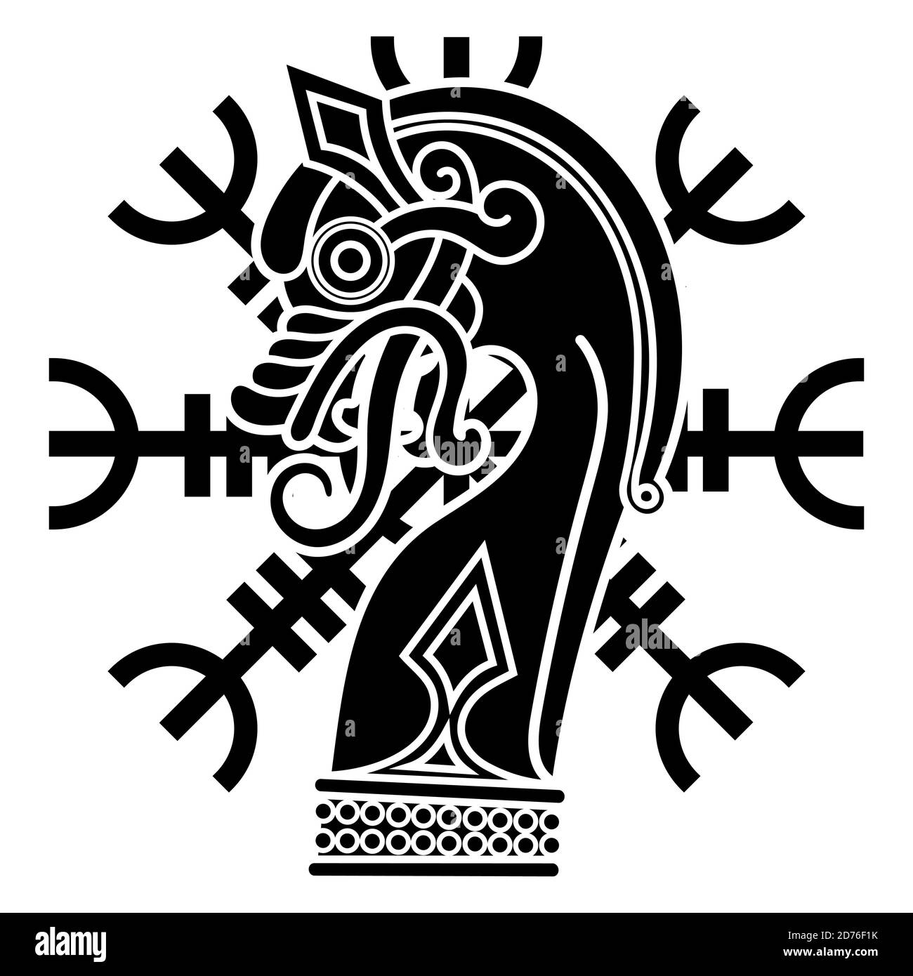 Design scandinavo. La figura nasale della nave vichinga Drakkar sotto forma di drago Illustrazione Vettoriale