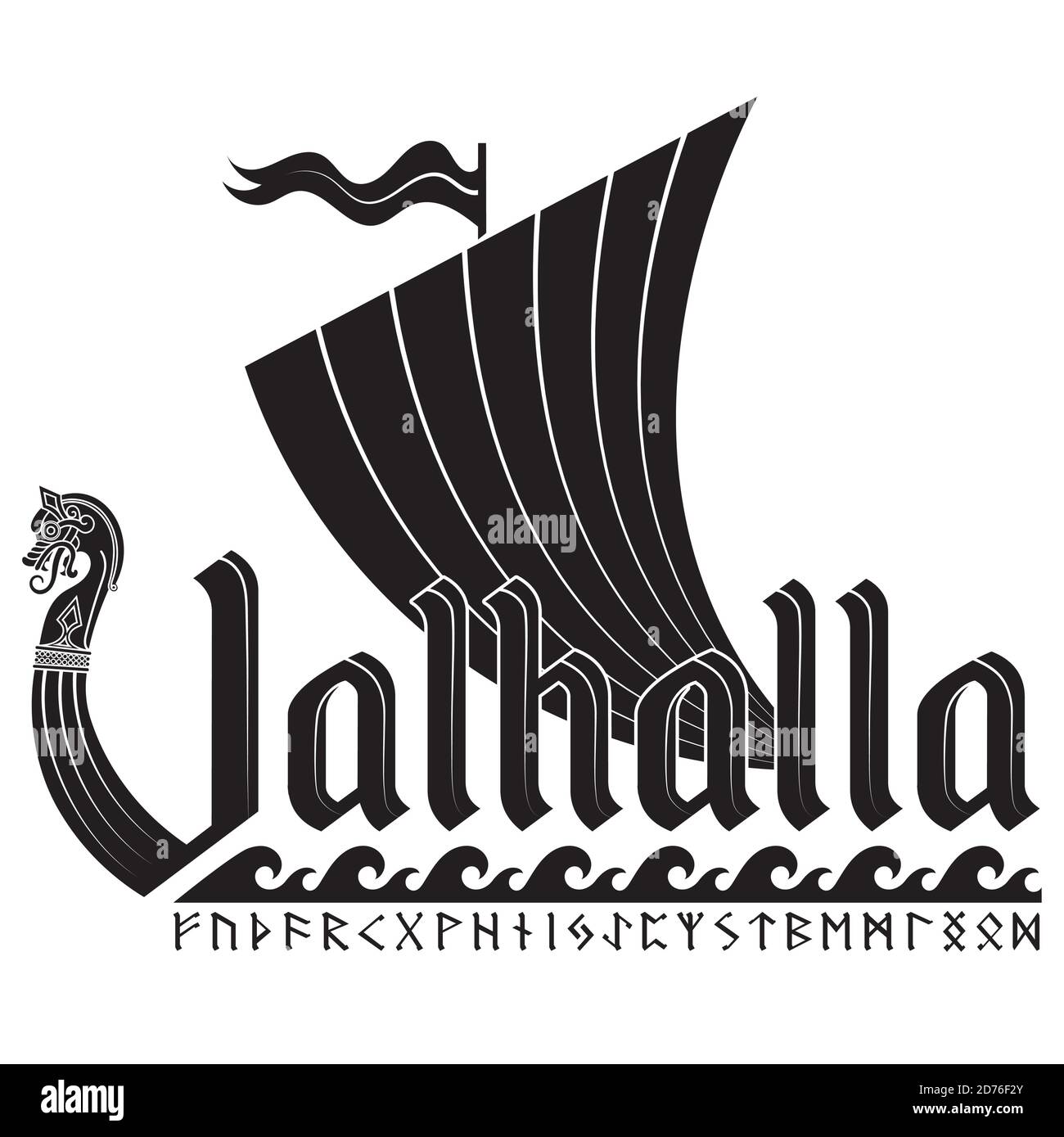 Un'antica immagine scandinava di una nave vichinga decorata con una testa di drago e l'iscrizione Valhalla Illustrazione Vettoriale