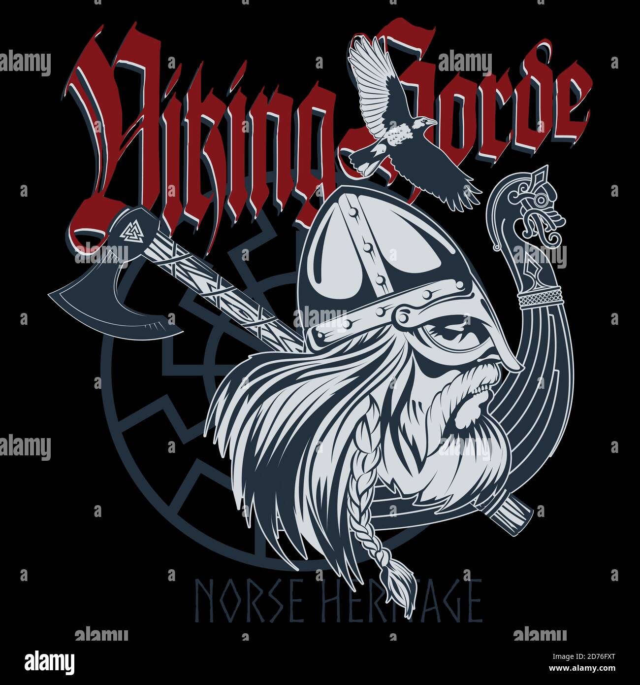 Berserker, guerriero nordico. Testa vichinga, nave vichinga Drakkar, corvo, scudo e ascia da battaglia Illustrazione Vettoriale