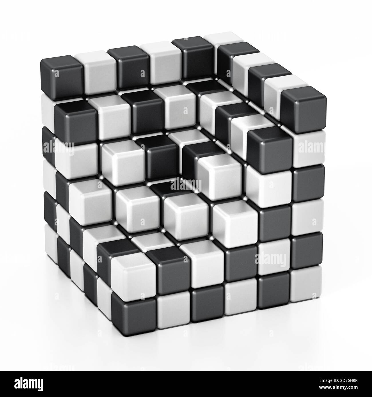 Cubo formato con texture a scacchi in bianco e nero. Illustrazione 3D. Foto Stock
