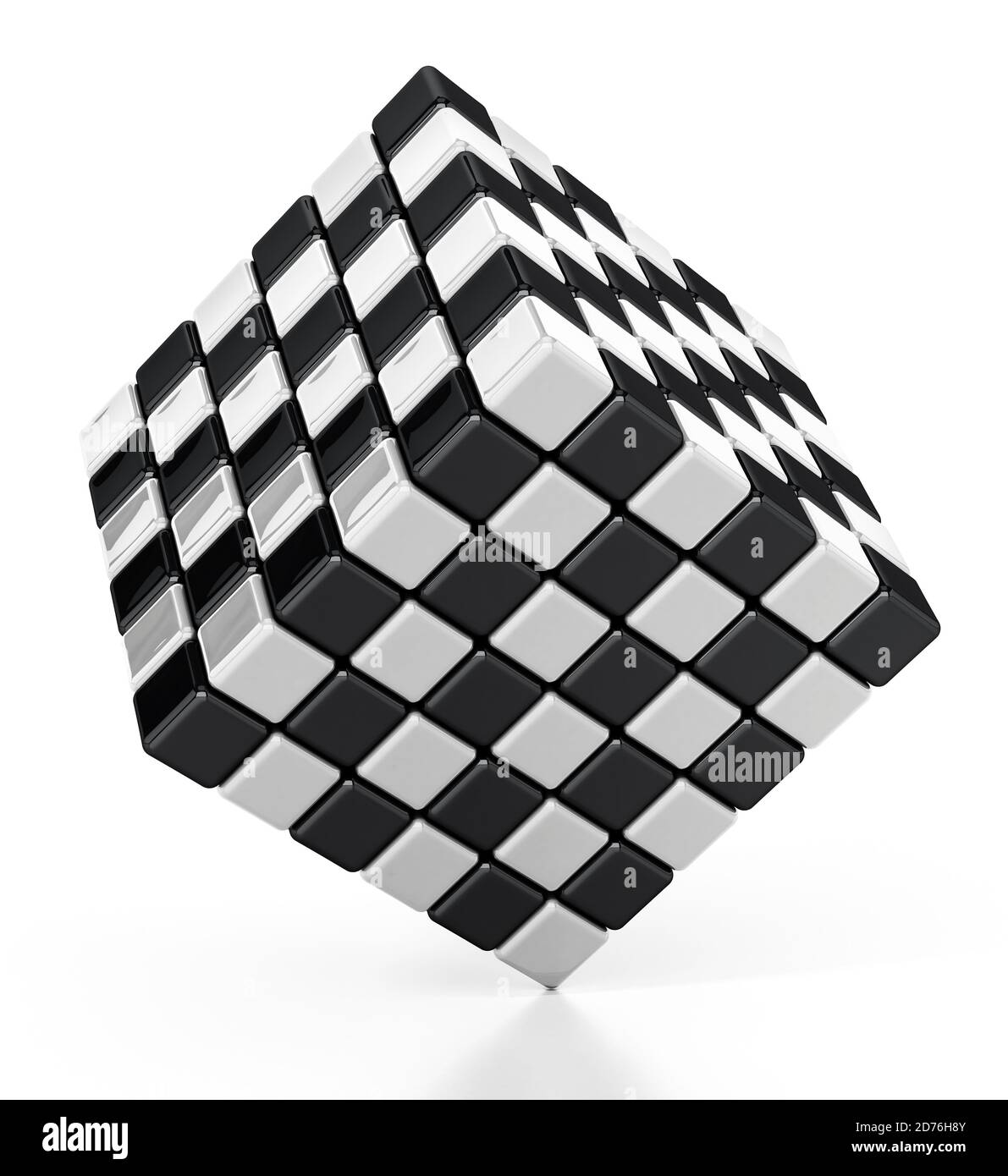 Cubo formato con texture a scacchi in bianco e nero. Illustrazione 3D. Foto Stock