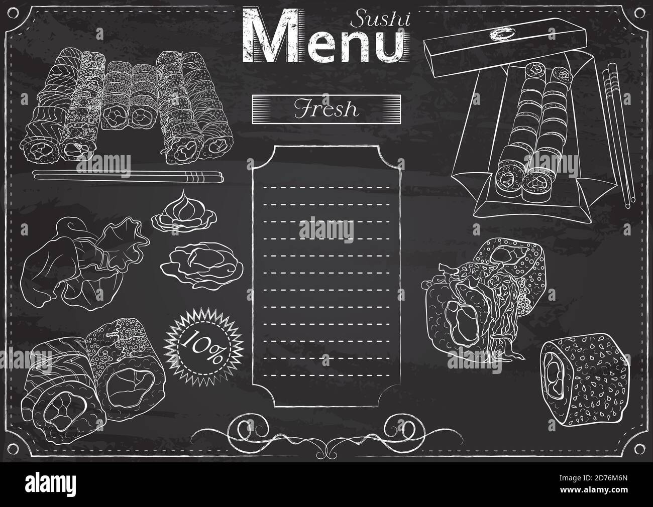 Modello vettoriale con elementi sushi per menu stilizzato come disegno di gesso su lavagna.Design per un ristorante, caffè o bar. Cucina tradizionale giapponese. Illustrazione Vettoriale
