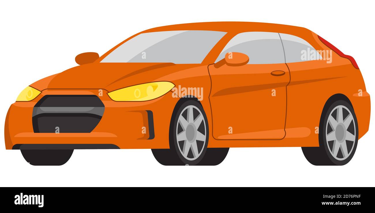 HATCHBACK CAR vista tre quarti. Auto arancione in stile cartoon. Illustrazione Vettoriale