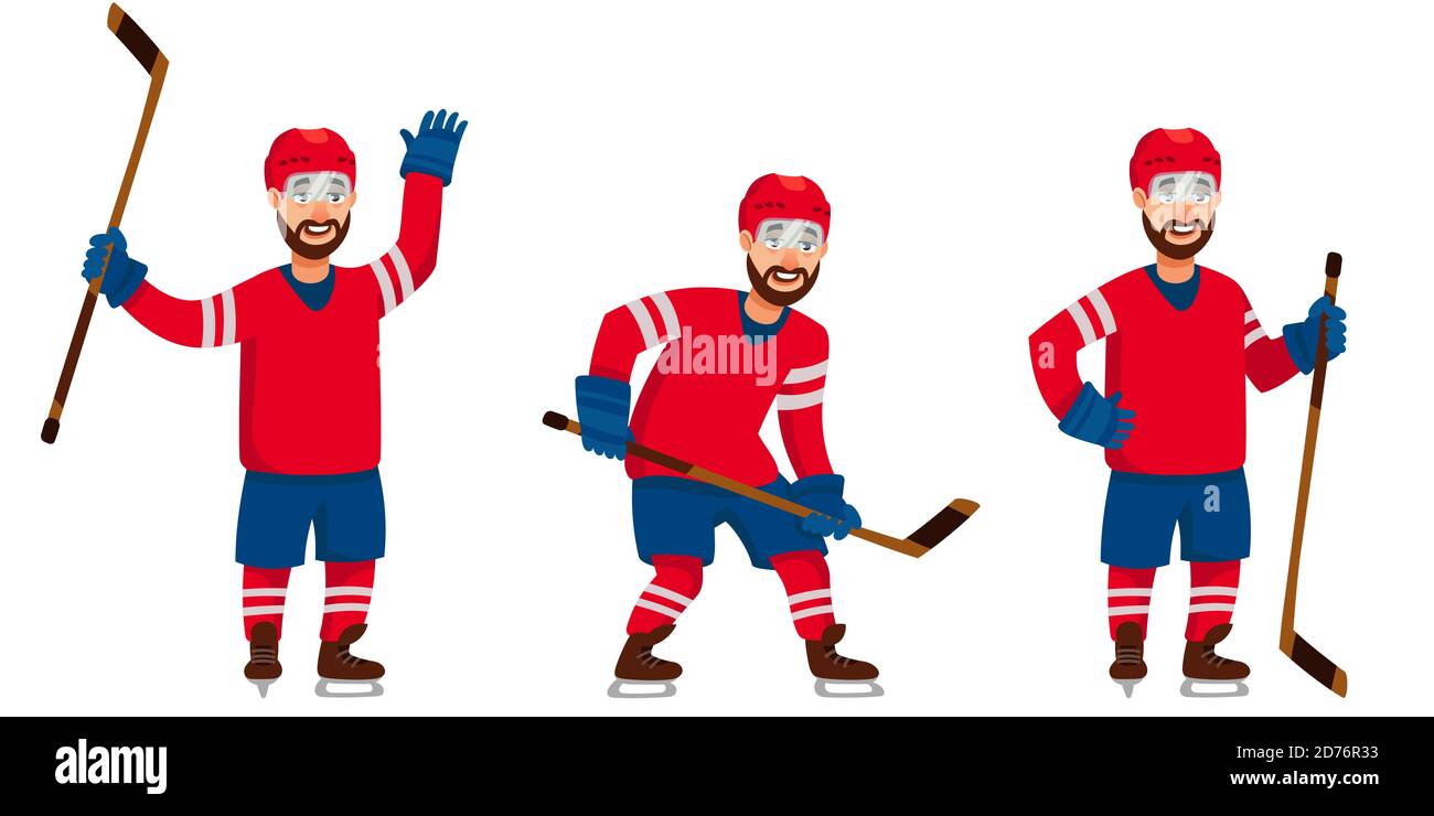 Giocatore di Hockey in diverse posizioni. Carattere maschile in stile cartoon. Illustrazione Vettoriale