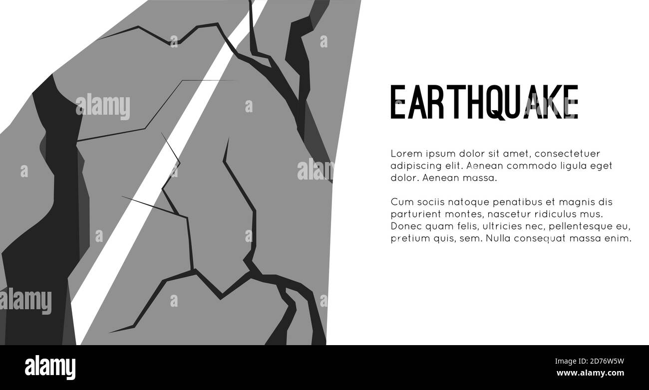 Modello orizzontale piatto vettoriale con strada danneggiata dal terremoto e spazio per il testo. Spaccature e crepe. Anomalie sul marciapiede. Cataclisma moderno. Oggetto f Illustrazione Vettoriale
