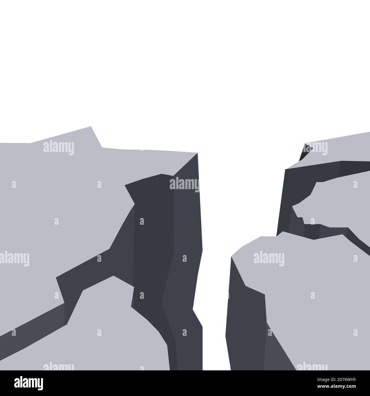Vettore flat illustrazione di un terremoto. Spaccature e crepe. Guasti nel terreno. Disastro naturale. Cataclisma moderno. Burrone e rocce sulla parte posteriore bianca Illustrazione Vettoriale
