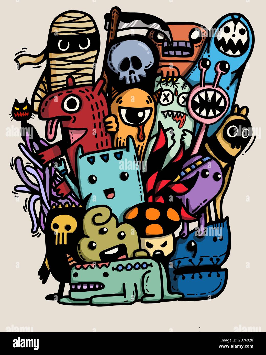 Illustrazione doodle per tema spettrale Halloween, cartone animato di divertente numerosi mostri di horror fantasmi. Concetto di personaggi stravaganti Foto Stock