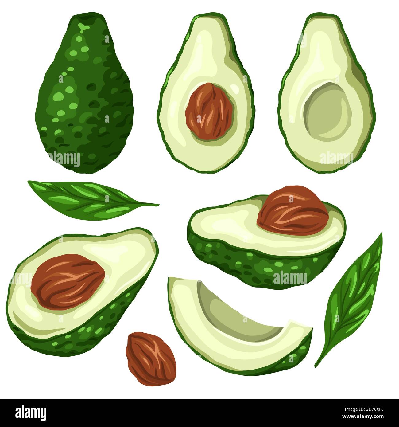 Set di avocado cartoon. Vari elementi di fette di avocado con bocche e foglie. Dieta del keto. Ingredienti per Guacomole. Elemento vettoriale per menu, arti Illustrazione Vettoriale