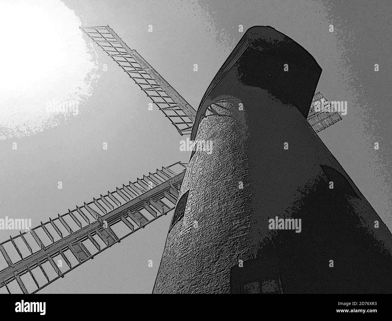 Brixton Windmill (costruito nel 1816) conosciuto anche come Ashby's Mill, London Borough of Lambeth, primo piano della torre di mattoni e vele, illustrazione digitale arte Foto Stock