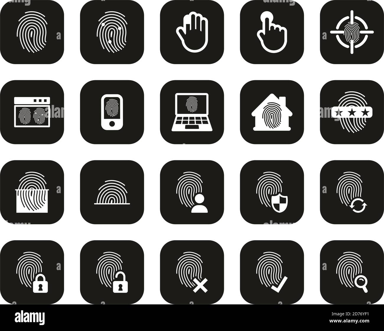 Icone delle impronte digitali Bianco su nero Flat Design Set Grande Illustrazione Vettoriale