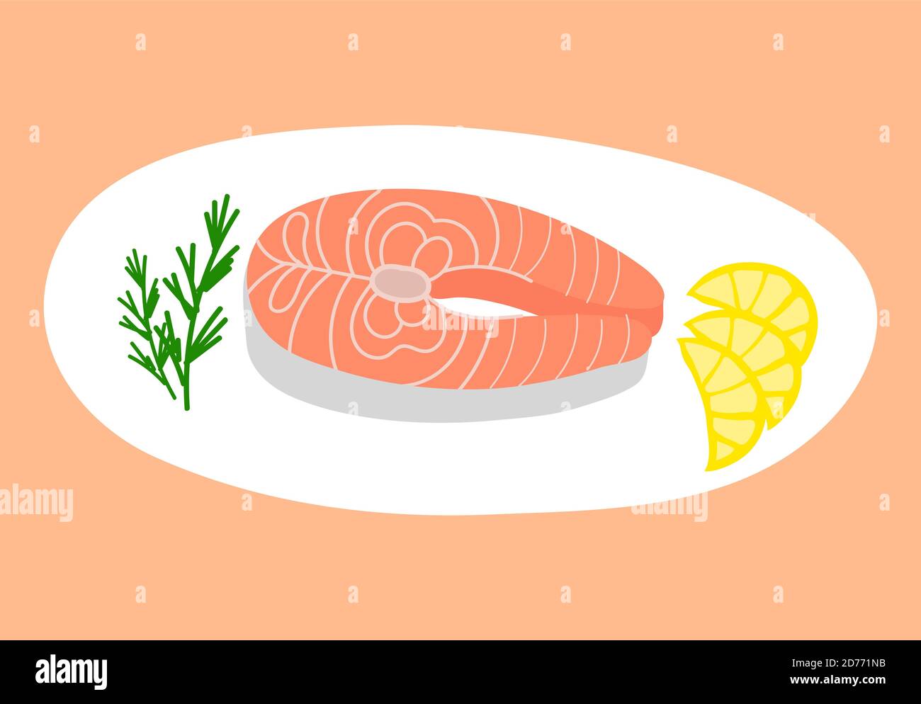piatto con bistecca di salmone, fette di limone e un rametto di rosmarino. Illustrazione vettoriale isolata su sfondo colorato Illustrazione Vettoriale