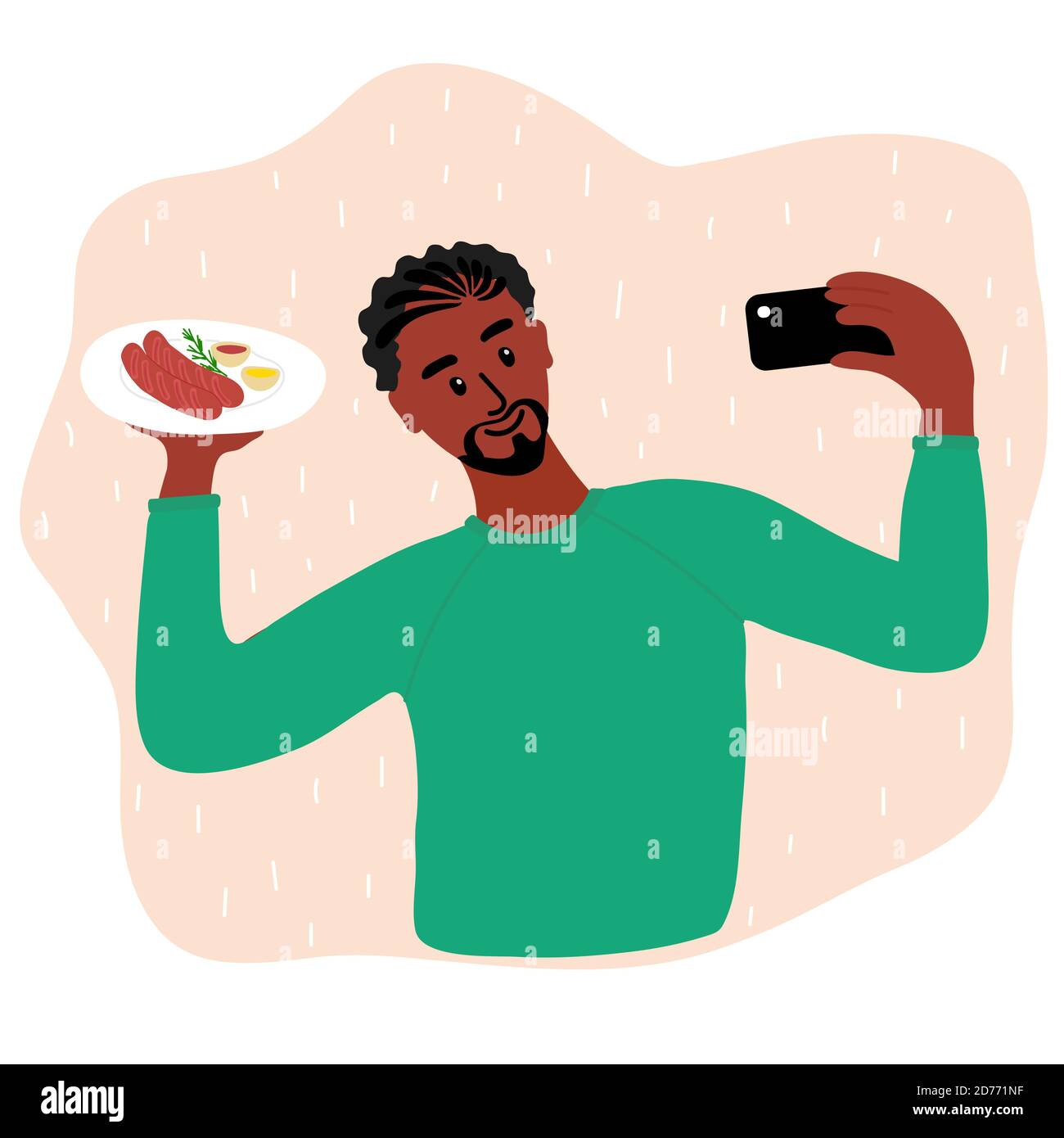 Nero africano uomo cibo blogger fare selfie foto con due salsicce e senape e salse ketchup e rosmarino per blog. Ragazzo carino con Illustrazione Vettoriale