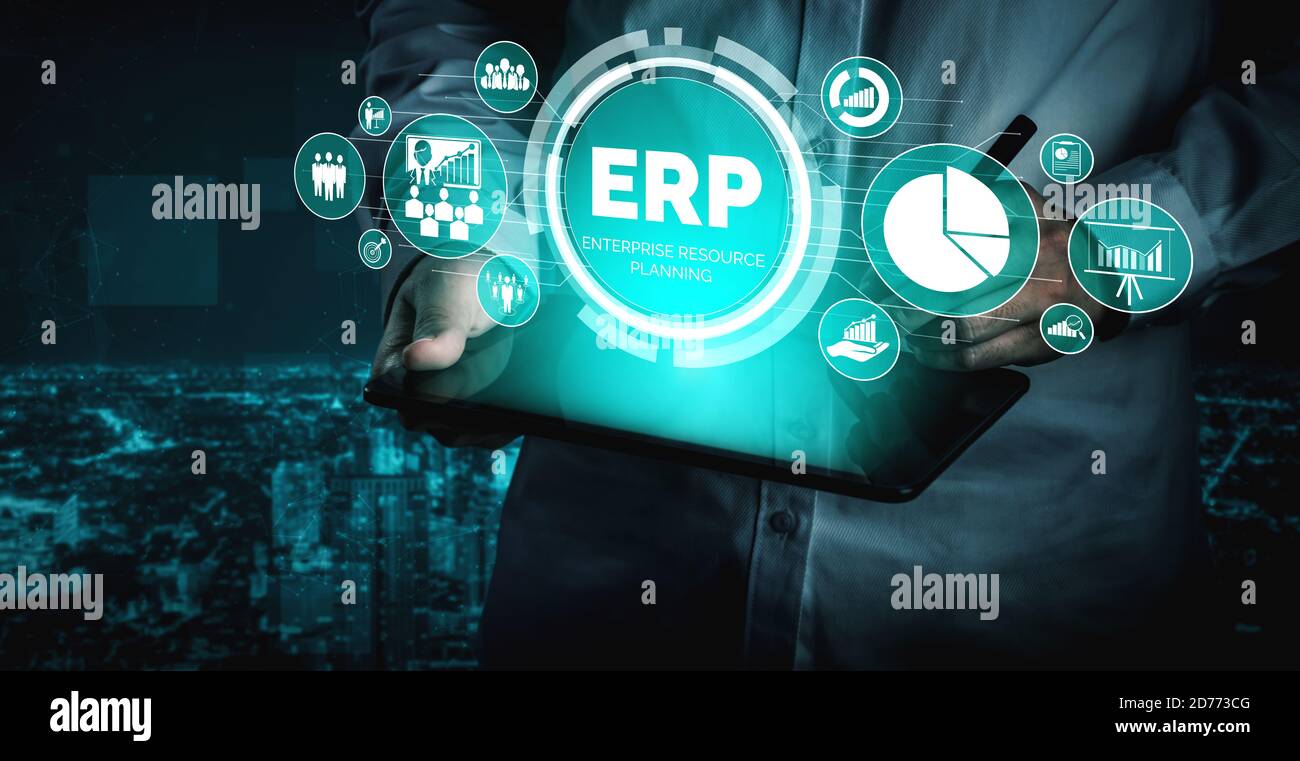 Enterprise Resource Management sistema software ERP per il piano delle risorse aziendali presentato in una moderna interfaccia grafica che mostra la tecnologia futura a. Foto Stock