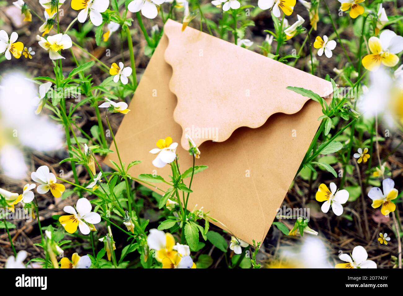 Mokup busta mestiere con fiore giallo e foglie verdi sulla terra della natura. Disposizione piatta. Vista dall'alto della foglia. Concetti di natura. Modello di invito al matrimonio Foto Stock