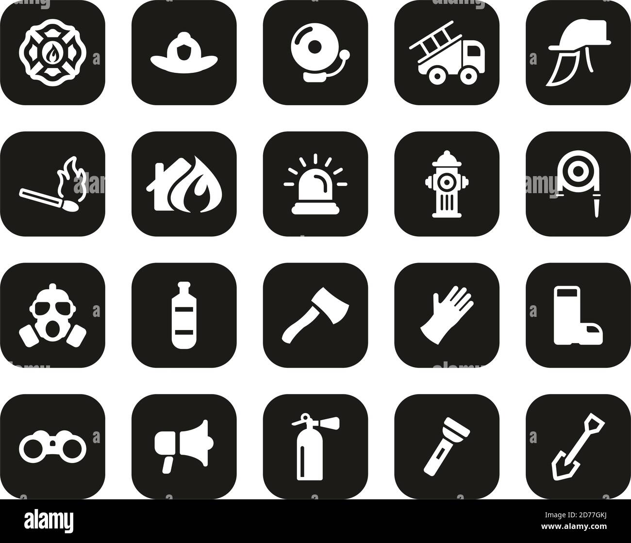 Icone delle attrezzature dei vigili del fuoco e dei pompieri bianche sul design piatto nero Imposta grande Illustrazione Vettoriale