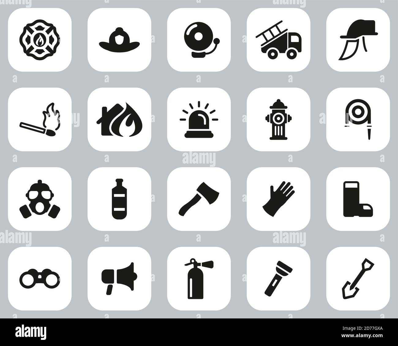 Icone delle attrezzature dei vigili del fuoco e dei pompieri Design piatto bianco e nero Imposta grande Illustrazione Vettoriale