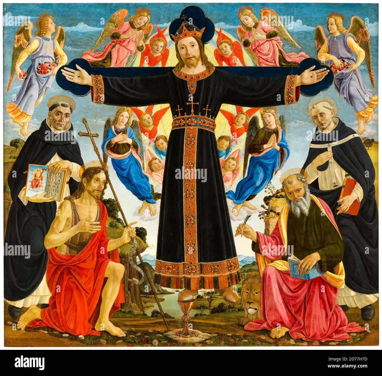 Cristo sulla Croce con i Santi Vincenzo, Ferrero, Giovanni Battista, Marco e Antonino, dipinto di Maestro dell'Epifania delle Fiesole, 1491-1495 Foto Stock