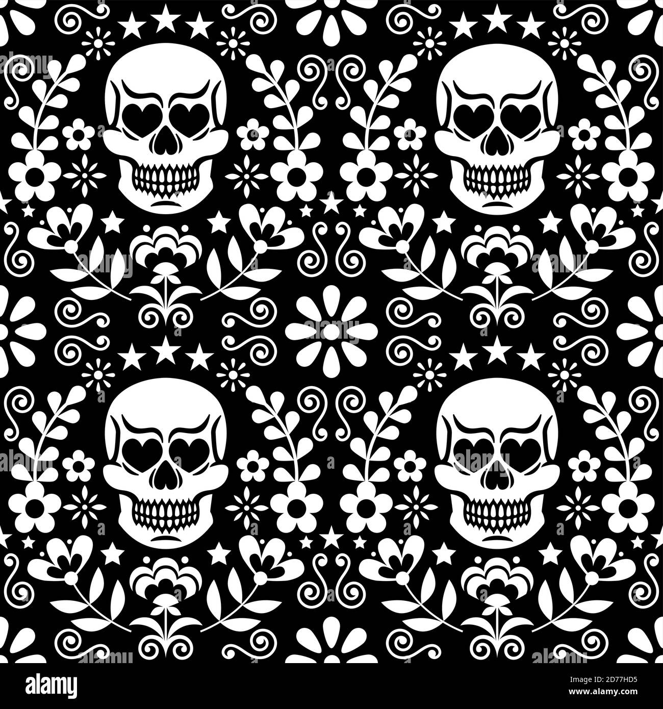 Mexical cranio e fiori vettoriali senza cuciture motivo, bianco Halloween e Day of the Dead floreale ripetitivo design su nero - folk art stile Illustrazione Vettoriale