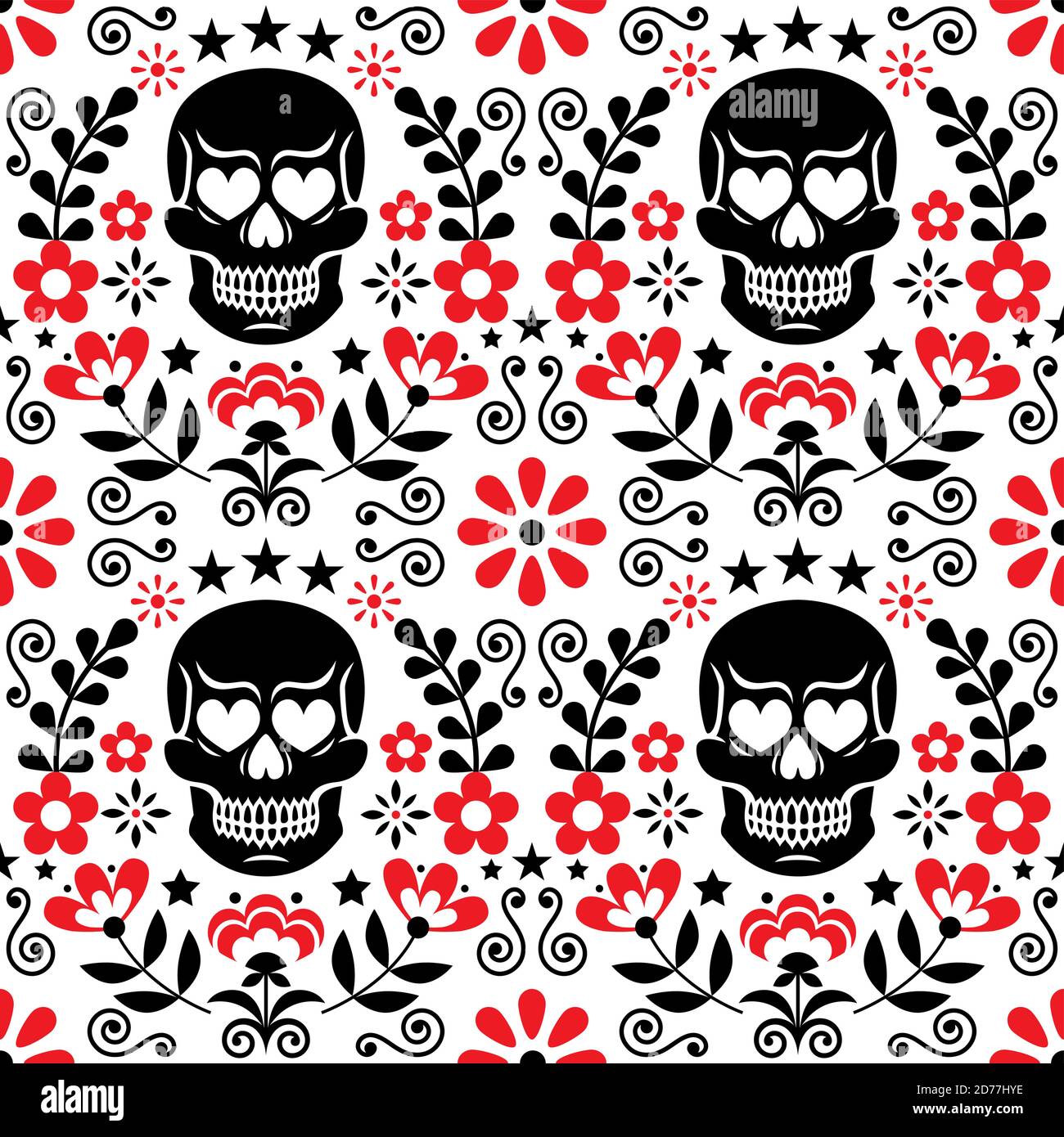 Mexical cranio e fiori vettoriale senza cuciture motivo, Halloween e Day of the Dead floreale ripetitivo design in nero e rosso su sfondo bianco - folk Illustrazione Vettoriale