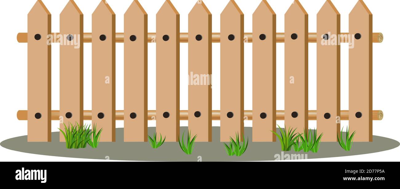 Recinzione in legno di cartone animato e erba, picket sulla parte superiore. Illustrazione vettoriale isolata su sfondo bianco. Ottimo per oggetti di cartoni animati e decorazioni. Illustrazione Vettoriale