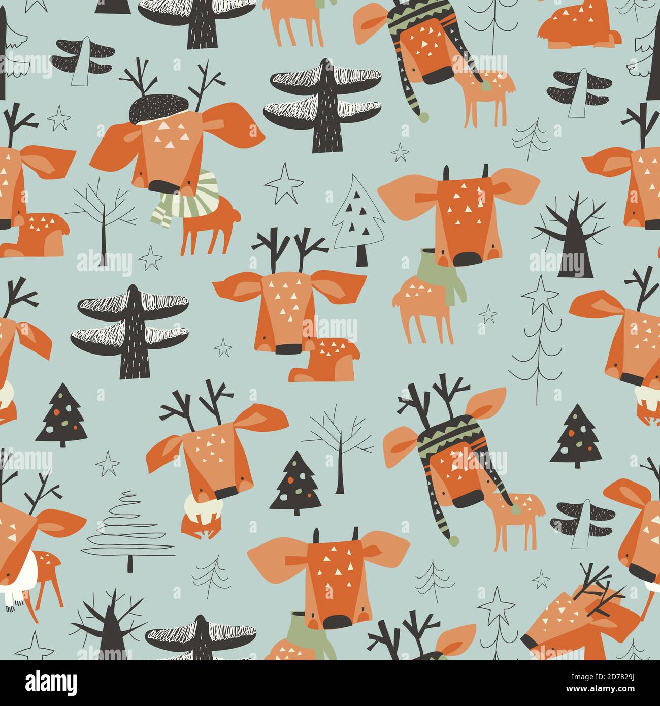 Modello senza cuciture con carino cartoon piccoli cervi nella foresta Illustrazione Vettoriale