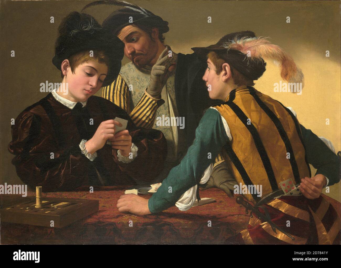 Titolo: The Cardsharps Creator: Michelangelo Caravaggio Data: c.1595 Medium: Olio su tela dimensioni: 94.2 x 130.9 cm Località: Kimbell Art Museum, Fort Worth Foto Stock