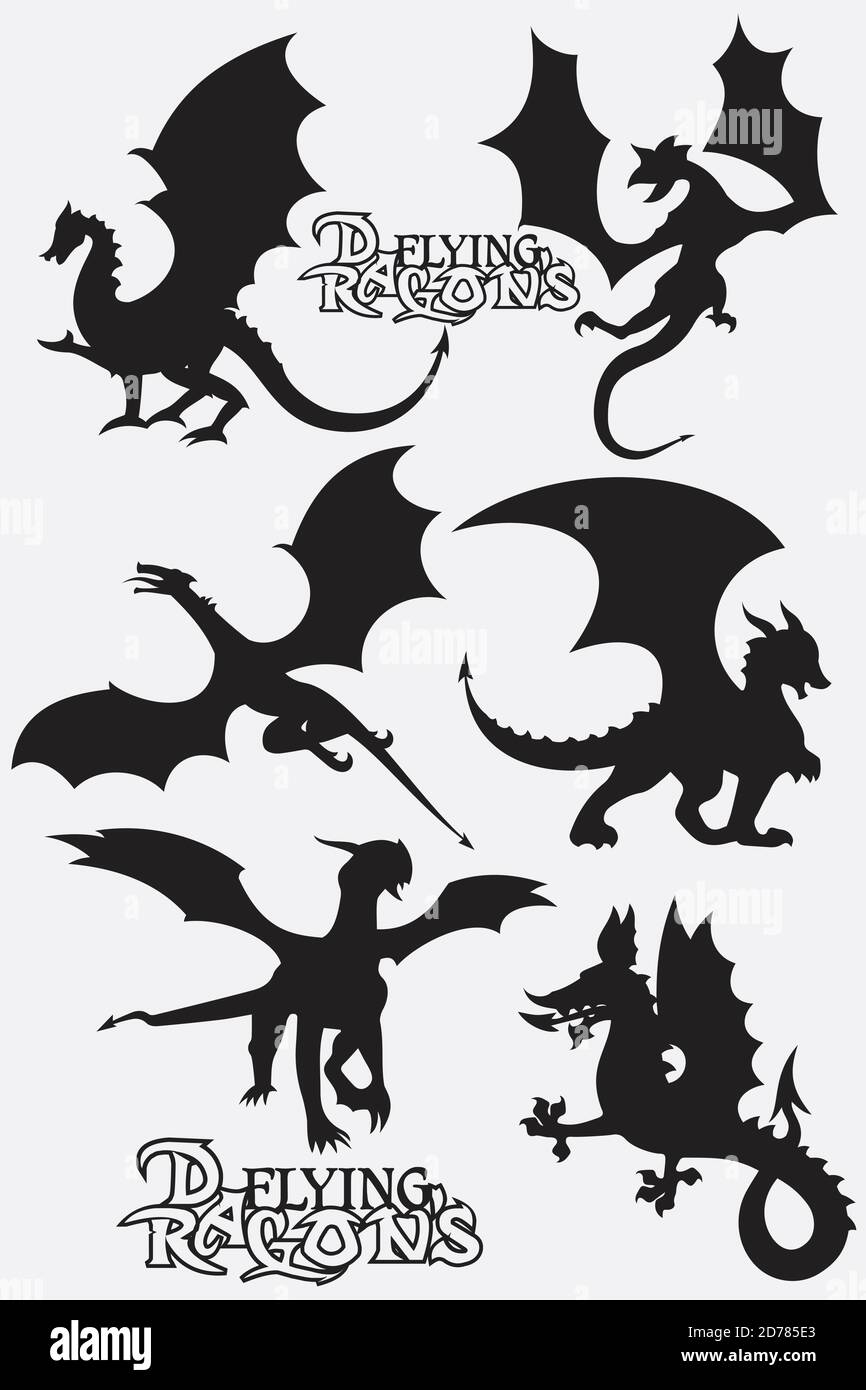 Imposta le illustrazioni vettoriali stilizzate in nero dei draghi che volano le silhouette design elemento. Progettare draghi vettoriali. Illustrazione vettoriale EPS.8 EPS.10 Illustrazione Vettoriale