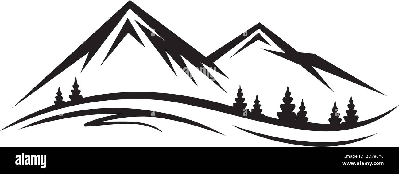 Natura vettoriale astratta o silhouette della catena montuosa all'aperto. Montagne e icone di viaggio per le organizzazioni turistiche o eventi all'aperto e leis di montagna Illustrazione Vettoriale
