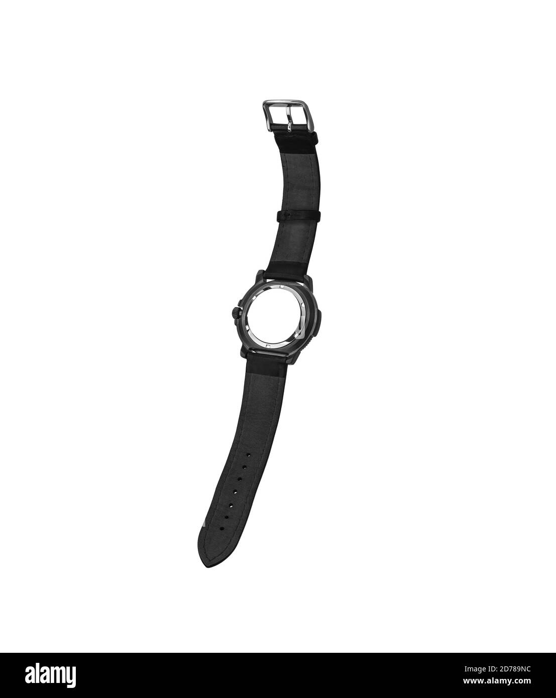 Orologio meccanico da polso moderno isolato su sfondo bianco. Orologio da uomo per lo sport e l'abbigliamento di tutti i giorni. Il lato opposto dell'orologio. Foto Stock