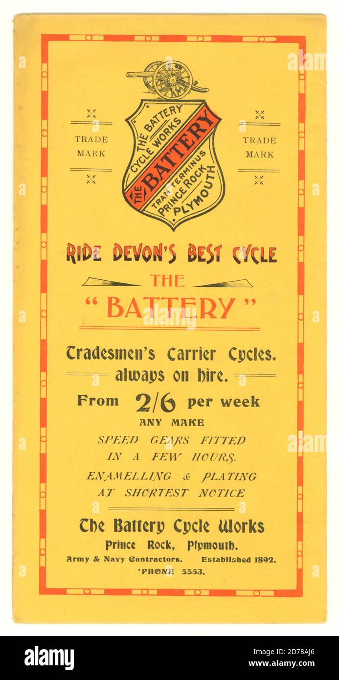Originale del ciclismo d'epoca, brochure stampata circa 1936 - per la Battery Cycle Works, Plymouth, Devon, Regno Unito Foto Stock