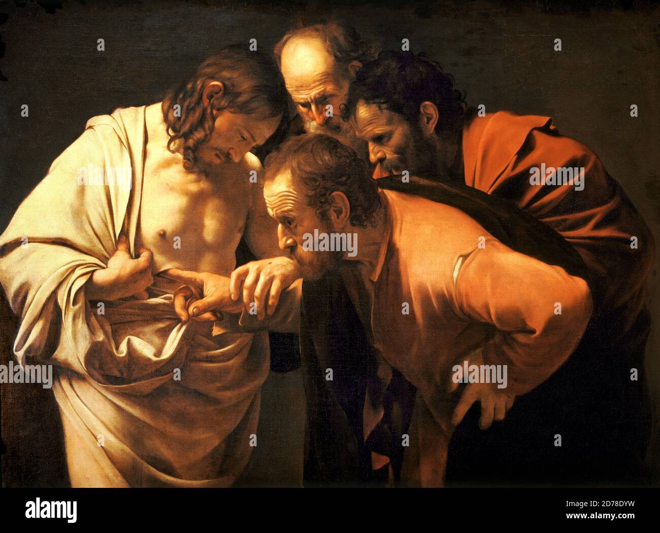 Titolo: L'incredulità di San Tommaso Creatore: Michelangelo Caravaggio Data: 1602-03 Medium: Olio su tela dimensioni: 107 x 146 cm posizione: Schloss Sanssouci, Potsdam Foto Stock