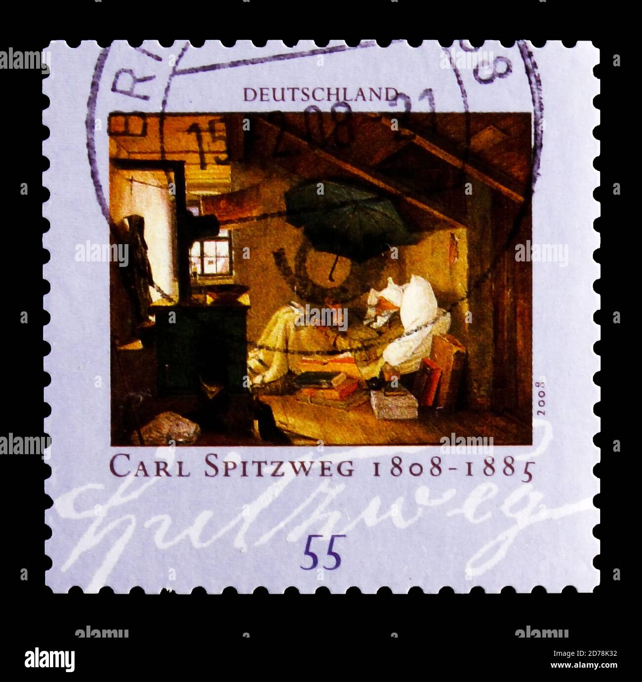 MOSCA, RUSSIA - 21 OTTOBRE 2017: Un francobollo stampato nella Repubblica Federale tedesca mostra 'il Poor Poet'; dipinto di Carl Spitzweg (1808-1885), 200th birt Foto Stock